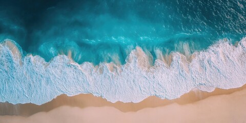 Fototapeta premium Ocean's Embrace: Aerial perspective capturing the meeting of the clear, turquoise ocean waves with golden sands, forming a mesmerizing texture.