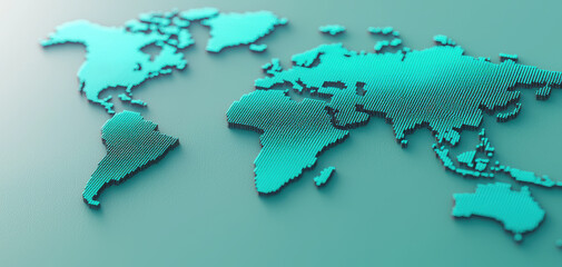 detailed world map created with pixelated design, showcasing various continents vibrant turquoise color. This artistic representation emphasizes global connectivity and travel, highlighting