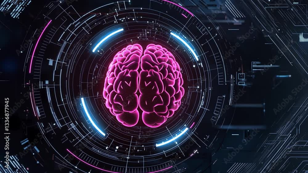 Poster futuristic digital brain in neon colors with high-tech background and circuit elements representing 