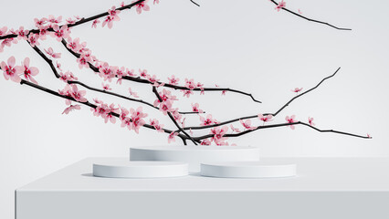 Three circular white podiums adorned with delicate cherry blossoms, perfect for showcasing products in a stylish and bright setting.