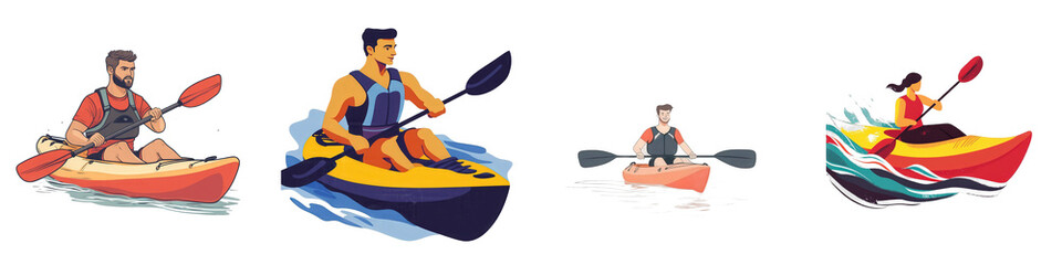 Rowers navigate various waterways in vibrant kayaks against a plain background isolated on white or transparent