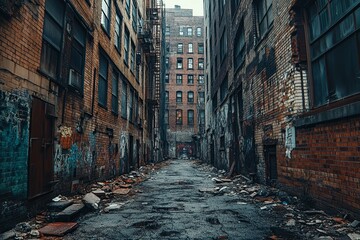 A Narrow Alley Between Brick Buildings Showing Urban Decay