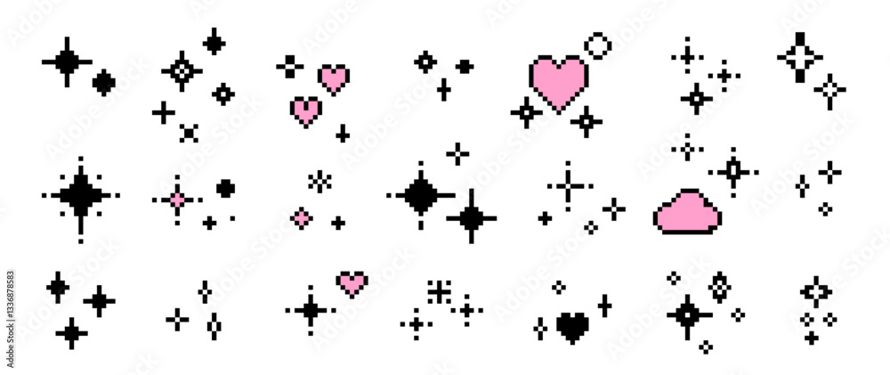 Poster Pixel sparkling stars and hearts in pixel art style. Collection of glittering sparkles in Mood of 90's aesthetics. Y2K 8-bit retro style vector elements.