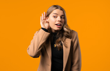 Curious businessWoman Doesn't Hear, eavesdrops. Quiet Sound, Deaf, Misunderstand