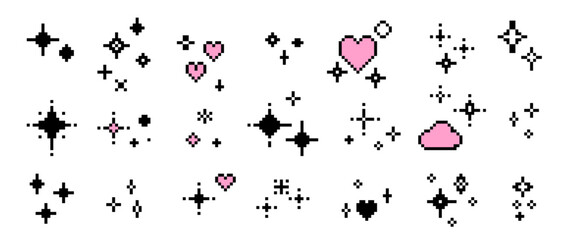 Pixel sparkling stars and hearts in pixel art style. Collection of glittering sparkles in Mood of 90's aesthetics. Y2K 8-bit retro style vector elements.