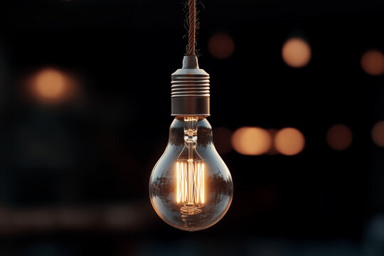 A close-up of a vintage Edison-style filament light bulb suspended in mid-air, softly glowing against a dark, moody background