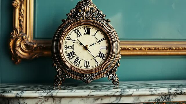 An ornate antique clock with Roman numerals, set upon a marble table, with gold frame.