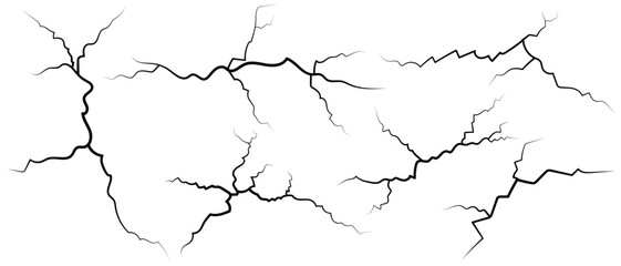 Surface cracks and fissures in ground.  Breaks on land surface from earthquake isolated on white background. Broken ground, wall, glass pattern effect.