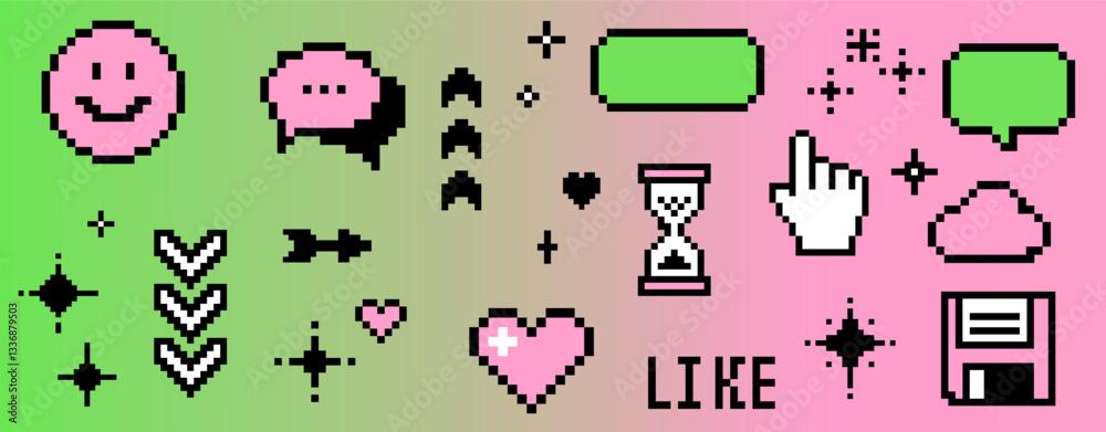 Poster y2k-inspired sticker set with pixelated icons on a gradient background, including a cursor, emojis, 