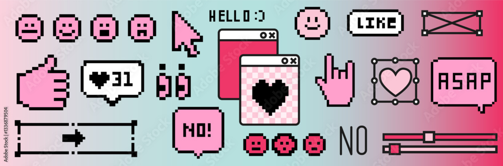 Poster Y2K-inspired sticker set with pixelated icons on a gradient background, including a cursor, emojis, and speech bubbles, capturing a nostalgic digital aesthetic.
