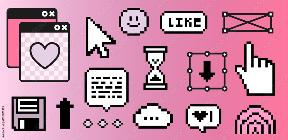 Poster y2k-style sticker set with pixelated icons on a pink gradient background, including hearts, cursors,