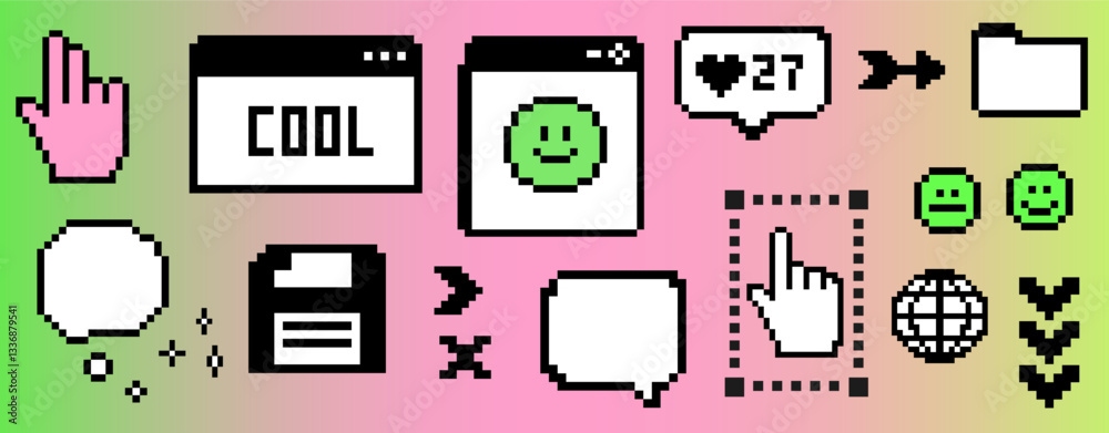 Poster y2k-inspired sticker set with pixelated icons on a gradient background, including a cursor, emojis, 
