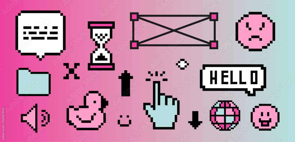 Poster y2k-style sticker set with pixelated icons on a pink gradient background, including cursors, ui retr