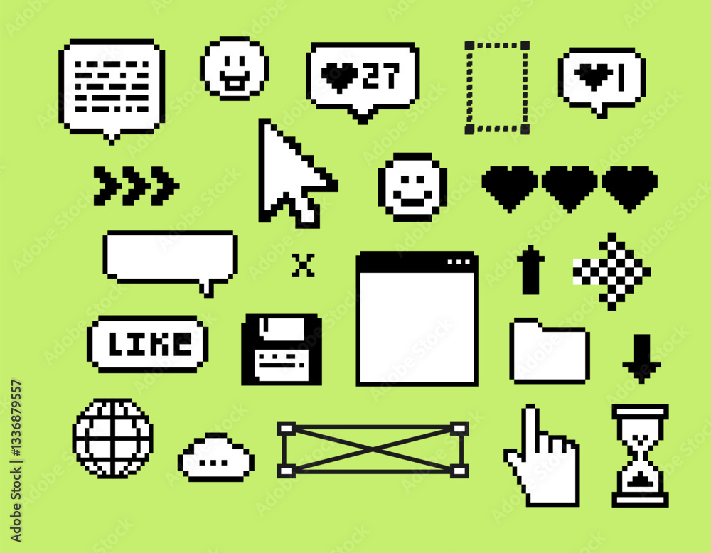 Poster Pixels elements in the mood of 90's aesthetics. Y2k trendy stickers in 8-bit retro style on a green background. Geometric Brutalism Simple forms, shapes and symbols. 