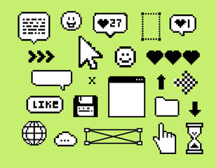 Pixels elements in the mood of 90's aesthetics. Y2k trendy stickers in 8-bit retro style on a green background. Geometric Brutalism Simple forms, shapes and symbols. 