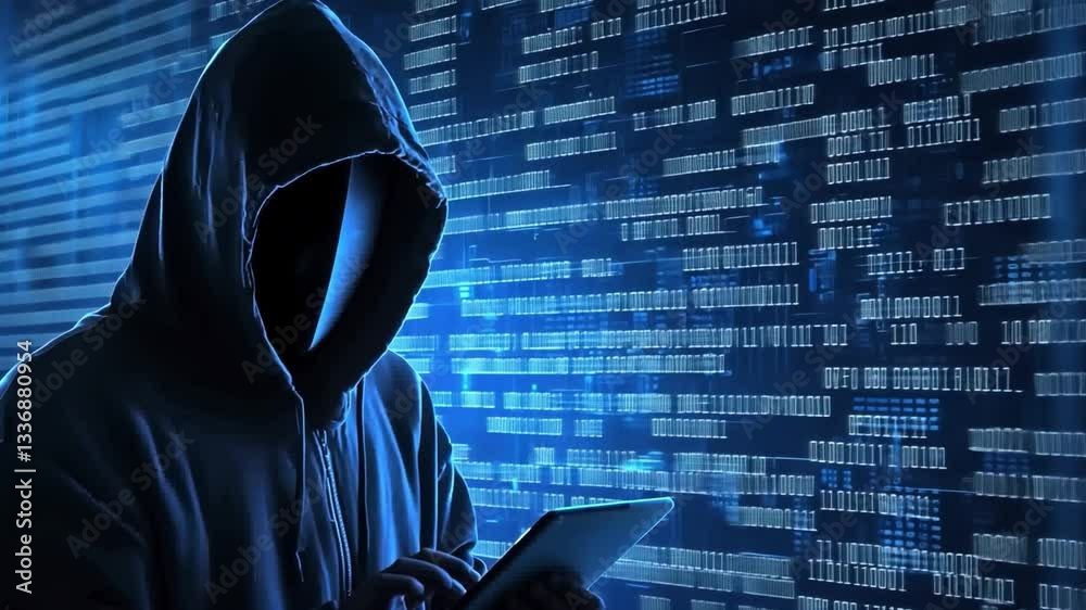 Poster mysterious figure in hoodie holding device against dark digital background with binary code displayi