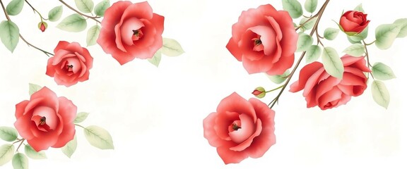 Rahmen aus roten Rosenblüten und grünen Blättern auf weißem Hintergrund. Ideal für romantische Designs, Mujttertag, Hochzeit und Valentinstagskarten