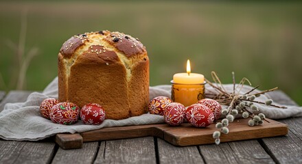 Fototapeta premium A rustic wooden table with Easter decorations: a loaf of freshly baked Paska, a small candle, and hand-painted eggs