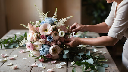 a highly detailed, cinematic photograph of a skilled florist, with delicate fingers and a kind face, crafting an exquisite bouquet of fresh, vibrant flowers in shades of pastel pink, baby blue