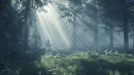 Obraz premium Sunbeams piercing through misty forest, illuminating lush green ground cover.