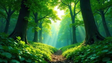 Obraz premium Sunlit Path Through a Lush Green Forest with Majestic Trees and Vibrant Undergrowth
