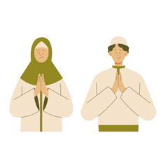 Moslem Woman and Man. Eid Mubarak Eid Al Fitr. Isolated on White Background and Transparent PNG.