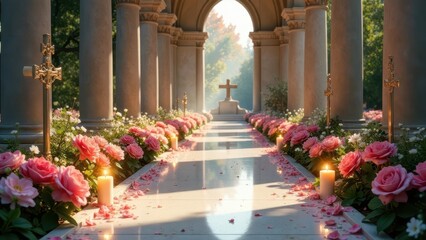 Fototapeta premium Serene Pathway to Tranquility Sunlit Colonnade with Pink Roses and Lit Candles Leading to a Simple Cross