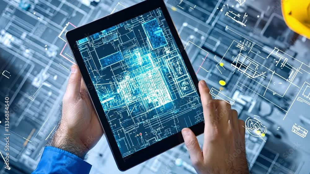 Poster a close-up of a person using a tablet with digital interface displaying engineering designs overlaid