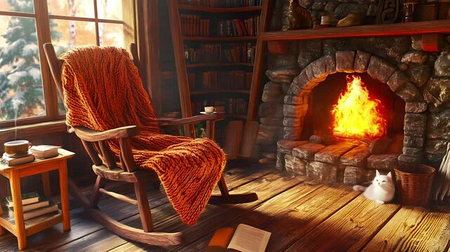 Cozy cabin scene with rocking chair, fireplace, books, cat, and warm light, Seamless looping time lapse animation video background, lo-fi art.