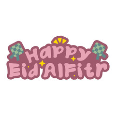 Happy Eid Al Fitr Eid Mubarak, Pink Text with Outline. Isolated on White Background and Transparent PNG.