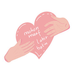 Mohon Maaf Lahir Batin, Text on Pink Heart and Hands. Eid Mubarak Eid Al Fitr. Isolated on White Background and Transparent PNG.