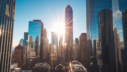 Obraz premium Bright Sun Above Skyscrapers, Urban Skyline and Radiant Light