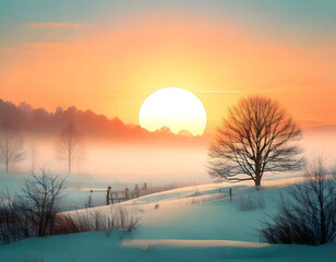 A serene winter sunrise over a snowy landscape, featuring a large pale yellow sun and a misty pastel sky blended with pinks and pale blues.