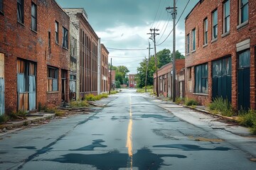 Obraz premium An abandoned brick building lined street under a cloudy sky