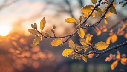 Leaves on a Tree Branch Against the Sun, Bright Spring Glow