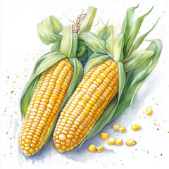 Corn , corn cobs, vegetable, vegetarian food, watercolor food illustrations