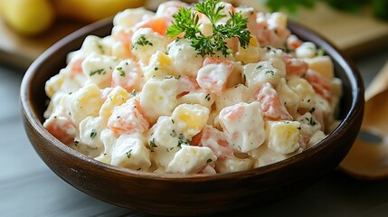 Creamy potato salad in wooden bowl