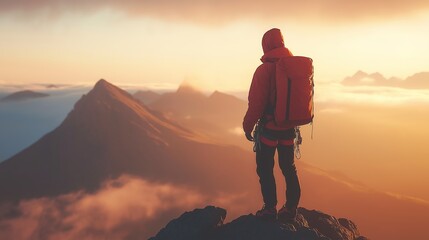 Obraz premium Climber stands atop mountain peak, gazing into the distance, embodying triumph and solitude.