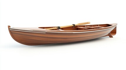 A beautifully crafted wooden canoe with a smooth finish, featuring a pair of oars resting on its interior, highlighting craftsmanship and design.
