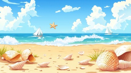 Seashells on Sandy Beach Ocean View Sailboats