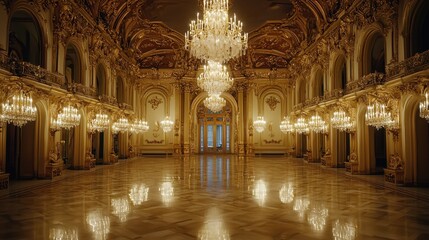 A lavish ballroom with crystal chandeliers, intricate gold details, and a polished marble floor.