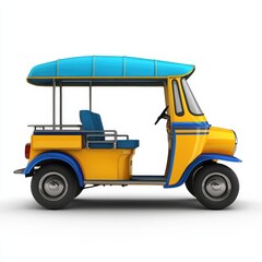 Fototapeta premium A vibrant yellow and blue auto-rickshaw with an open side, showcasing a colorful design typical of urban transport in South Asia.