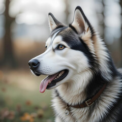 Vertical shallow focus side view of a Siberian husky dog