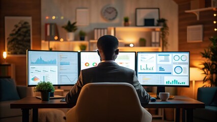 remote work culture productivity innovation technology innovation Professional analyzing data on multiple screens in a modern workspace.