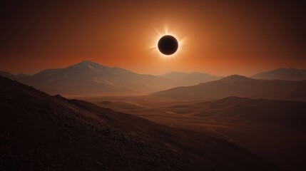 Fototapeta premium Total solar eclipse over mountainous desert landscape