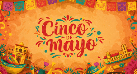 Fototapeta premium Cinco de Mayo Celebration Background with Colorful Papel Picado