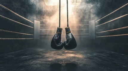 A pair of boxing gloves hanging from the ropes of an empty ring, signifying intense battles.