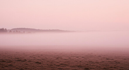 Obraz premium Serene Pink Dawn Misty Field and Distant Treescape