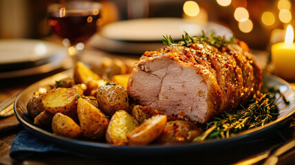 Juicy roast pork with crispy crackling, tender meat, and a side of apple sauce, served with roasted potatoes on a warm family dinner plate
