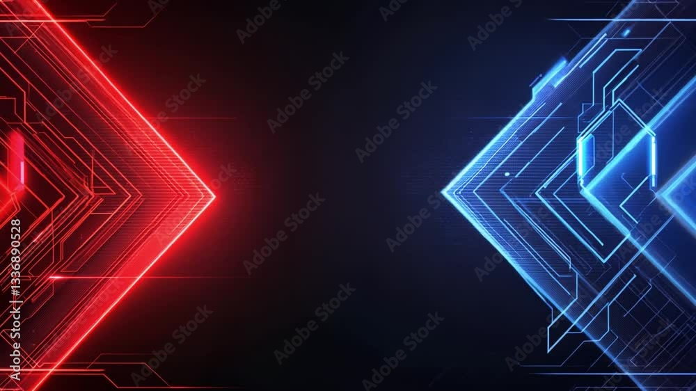 Wall mural abstract futuristic design with glowing red and blue arrows on a dark background, representing techn